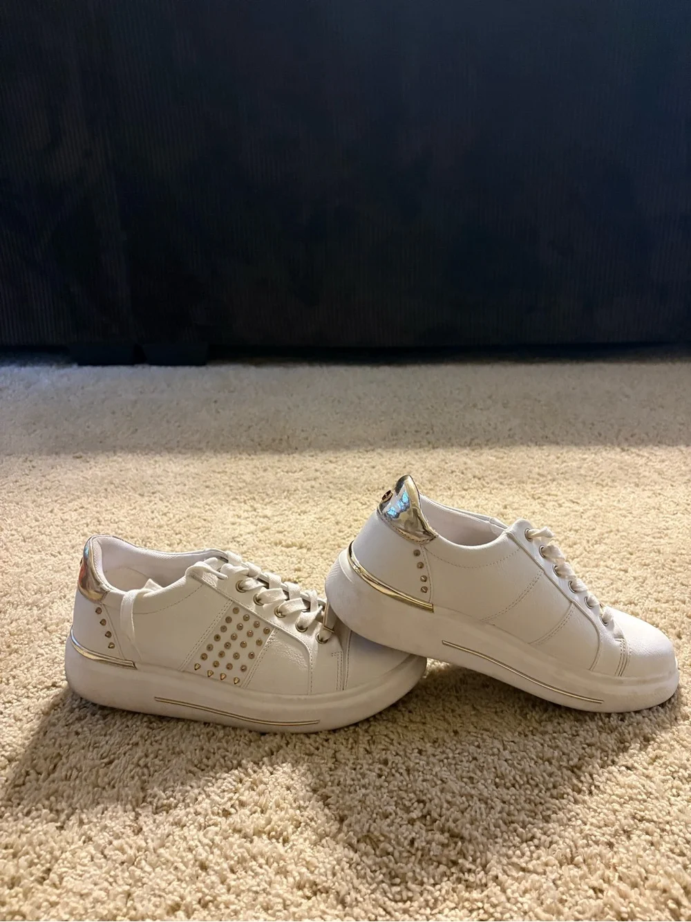 Women's White Low-Top Sneakers with Gold Stud Accents
